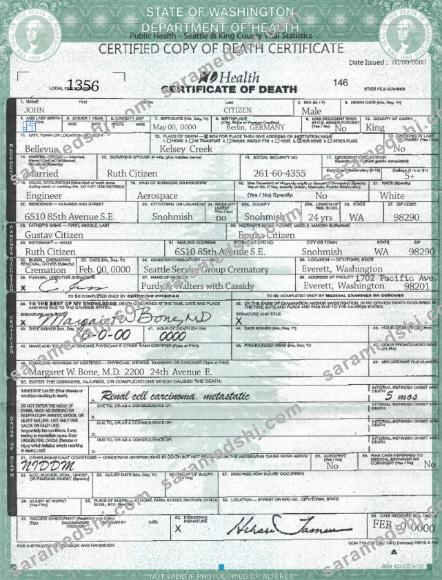 USA Washington state death certificate template in PSD format, fully editable, version 2